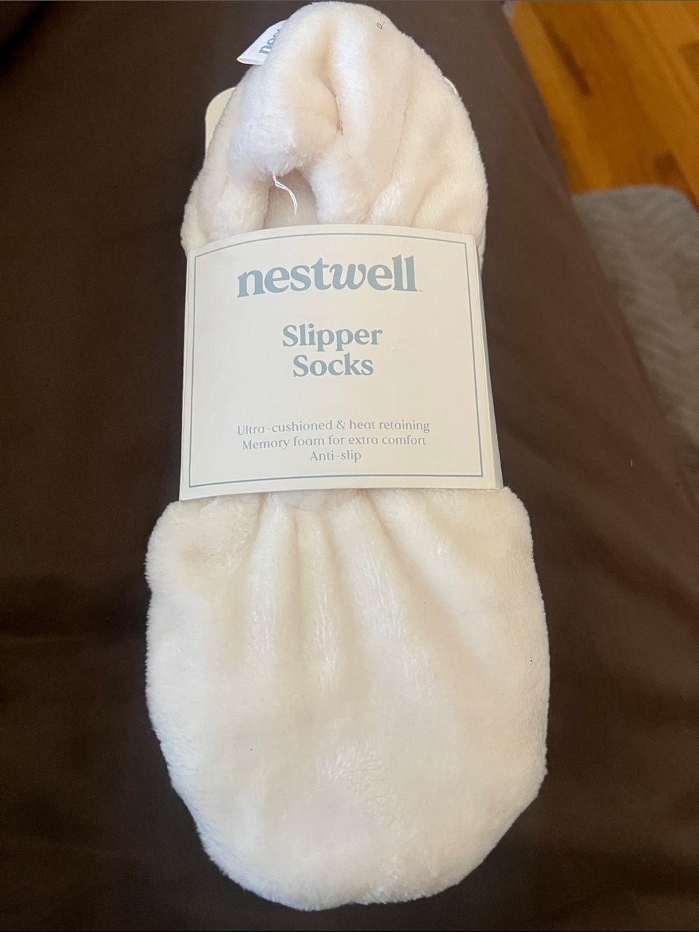 nestwell Cream Plush Slipper Socks with Memory Foam Comfort